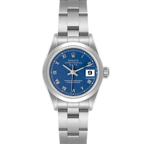 ROLEX Date Blue Roman Dial Smooth Bezel Steel Ladies Watch 69160 Image 1