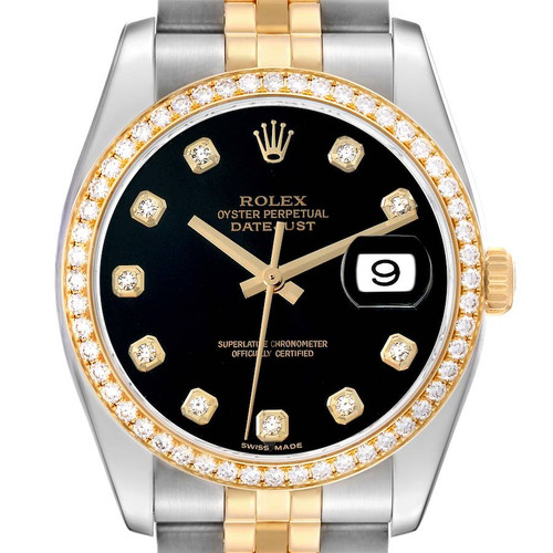 ROLEX Datejust Black Dial Steel Yellow Gold Diamond Mens Watch 116243 Image 1