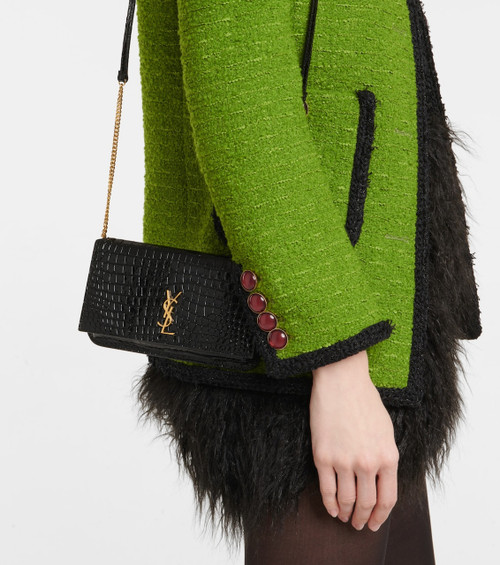 SAINT LAURENT Cassandre Phone Holder with Strap in Shiny Crocodile-embossed Leather - Black