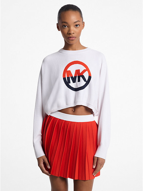 MICHAEL KORS Color-Block Logo Cotton Blend Cropped Sweater WHITE Image 1
