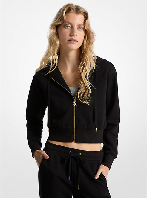 MICHAEL KORS Logo Jacquard Charm Jacquard Cropped Zip-Up Hoodie BLACK Image 1 MICHAEL KORS Logo Jacquard Charm Jacquard Cropped Zip-Up Hoodie BLACK Image 1