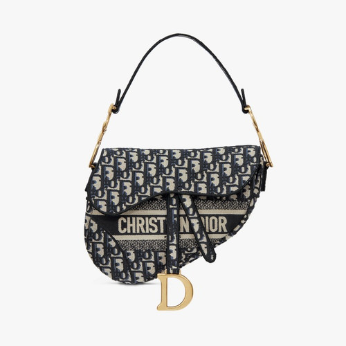 CHRISTIAN DIOR Calfskin Embossed Oblique Mini Saddle Bag Black 492394