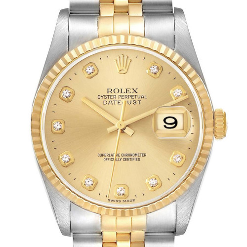 ROLEX Datejust Steel Yellow Gold Champagne Diamond Dial Mens Watch 16233 Image 1