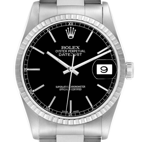 ROLEX Datejust Engine Turned Bezel Black Dial Steel Mens Watch 16220 Image 1