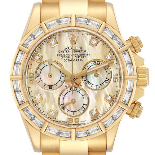ROLEX Daytona Yellow Gold Mop Baguette Diamond Bezel Watch 116568 Image 1 ROLEX Daytona Yellow Gold Mop Baguette Diamond Bezel Watch 116568 Image 1