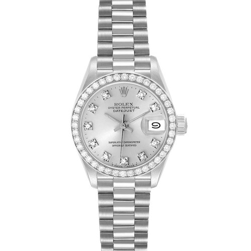 ROLEX President Datejust Platinum Diamond Silver Dial Ladies Watch 69136 Image 1 ROLEX President Datejust Platinum Diamond Silver Dial Ladies Watch 69136 Image 1