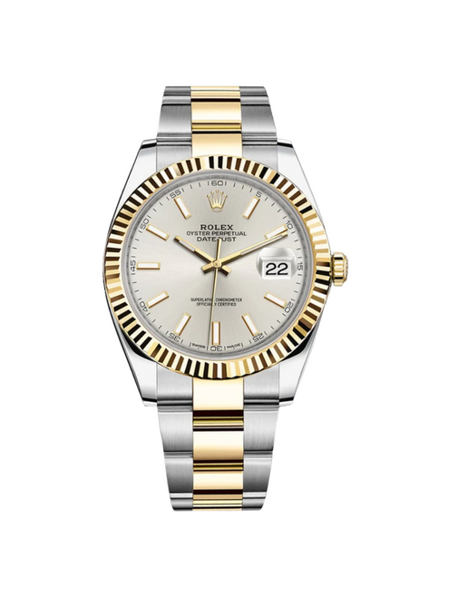 ROLEX Datejust 41mm Two-Tone Yellow Gold Fluted Bezel Silver Index Dial Oyster - 126333