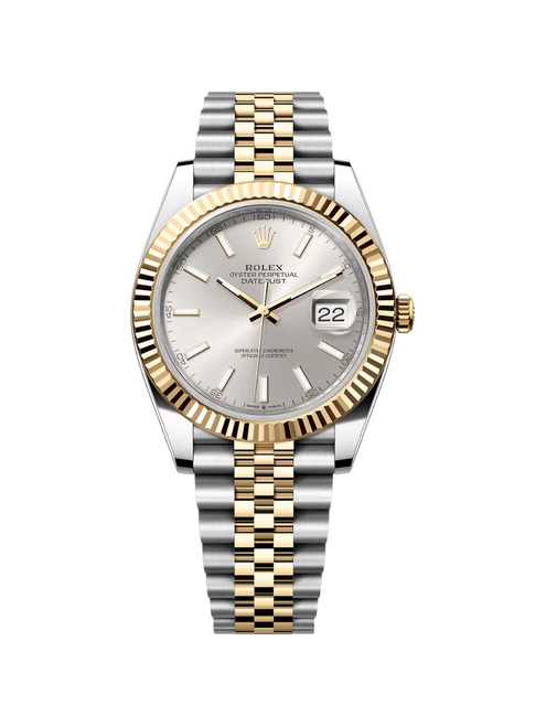 ROLEX Datejust 41mm Two-Tone Yellow Gold Fluted Bezel Silver Index Dial Jubilee - 126333