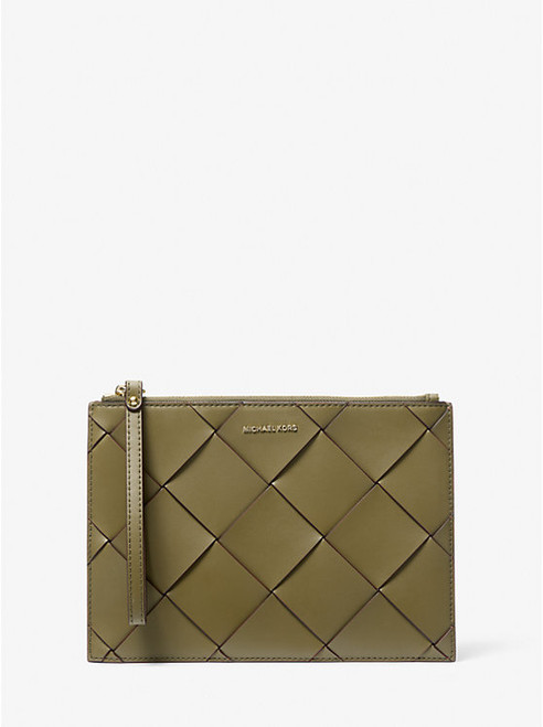 MICHAEL KORS Jet Set Travel Extra-Large Woven Leather Wristlet SAFARI GREEN Image 1