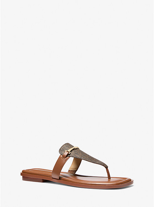 MICHAEL KORS Lena Signature Logo And Leather T-Strap Sandal BROWN/LUGGAGE Image 1 MICHAEL KORS Lena Signature Logo And Leather T-Strap Sandal BROWN/LUGGAGE Image 1