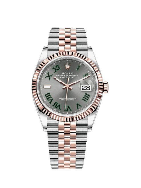 ROLEX Datejust 36mm Two-Tone Everose Gold Fluted Bezel "Wimbledon" Dial Jubilee - 126231