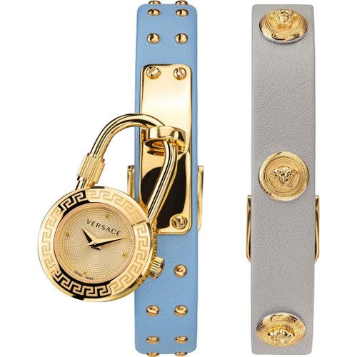 VERSACE Medusa Lock Icon Quartz White Dial Blue Leather Strap Watch
