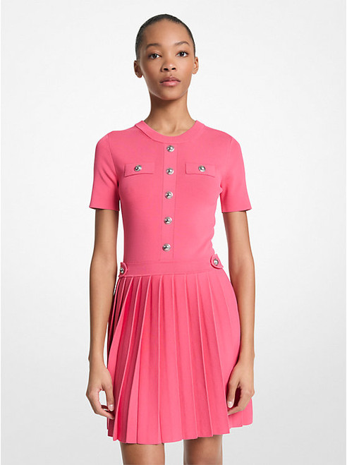 MICHAEL KORS Stretch Knit Pleated Mini Dress ROSE PINK Image 1