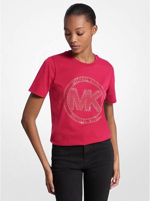 MICHAEL KORS Studded Logo Charm Organic Cotton Jersey T-Shirt DARKRASPBERRY Image 1