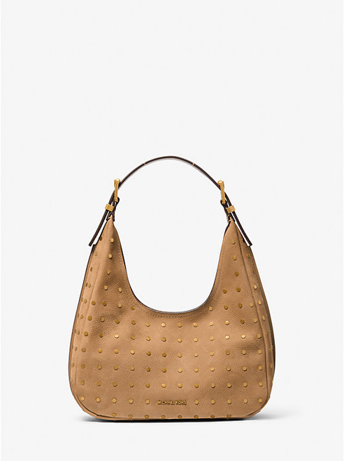 MICHAEL KORS Nolita Small Studded Pebbled Nubuck Hobo Shoulder Bag HUSK Image 1