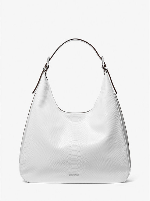 MICHAEL KORS Nolita Large Snake Embossed Leather Hobo Shoulder Bag OPTIC WHITE Image 1