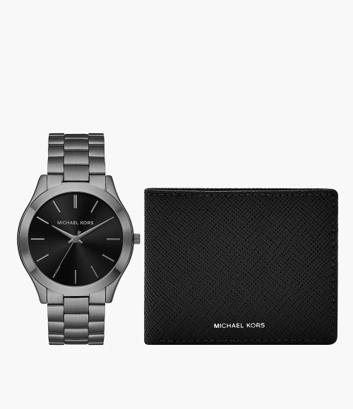 MICHAEL KORS Slim Runway Three-Hand Gunmetal Stainless Steel Watch And Wallet Gift Set Mk1044 Image 1