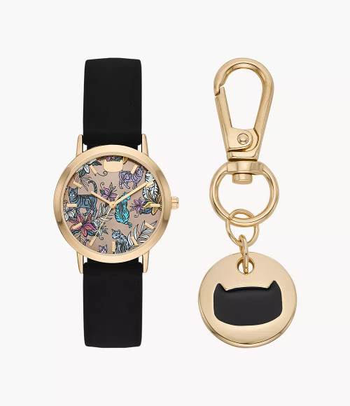 SKECHERS Bobs For Dogs Gold-Tone Metal Case & Black Silicone Strap Analog Watch With Dog Print Dial And Gold-Tone Keychain Accessory Sr8004 Image 1