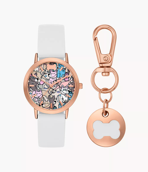 SKECHERS Bobs For Dogs Rose Gold-Tone Metal Case & White Silicone Strap Analog Watch With Cat Print Dial And Rose Gold-Tone Keychain Accessory Sr8005 Image 1