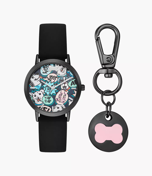 SKECHERS Bobs For Dogs Black Metal Case & Silicone Strap Analog Watch With Dog Print Dial And Black Keychain Accessory Sr8002 Image 1 SKECHERS Bobs For Dogs Black Metal Case & Silicone Strap Analog Watch With Dog Print Dial And Black Keychain Accessory Sr8002 Image 1