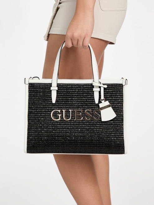 GUESS Evelynton Straw Carryall BLACK Image 1