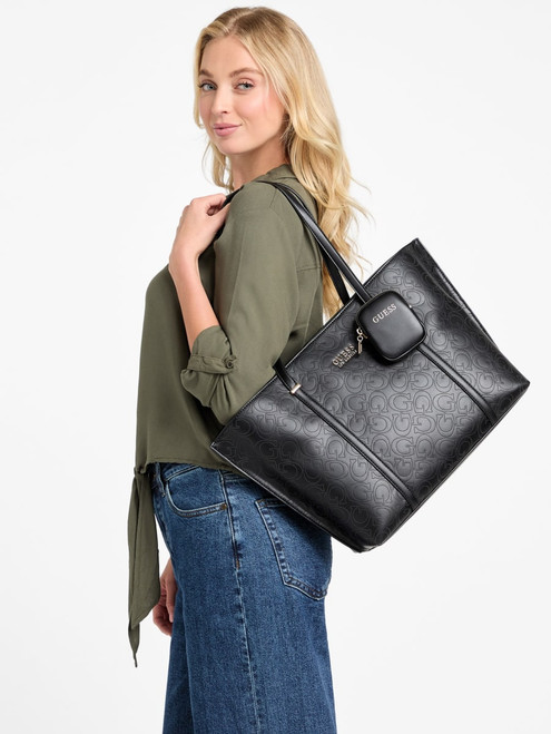 GUESS Rue Perforated Tote BLACK Image 1