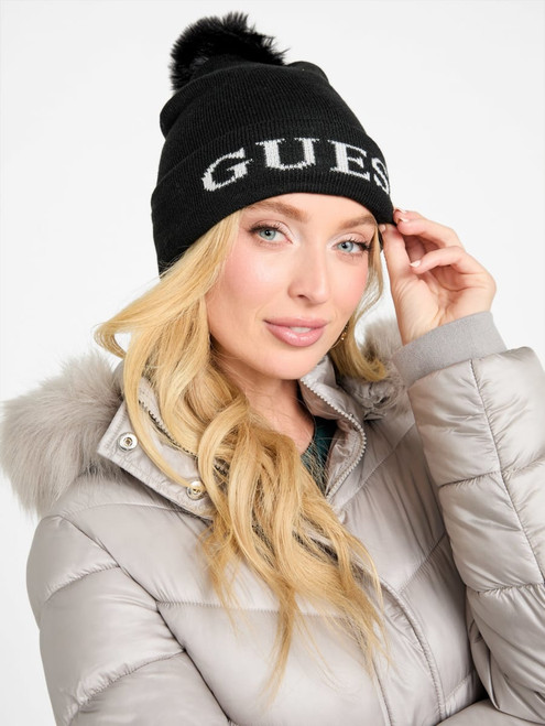 GUESS Logo Pom Pom Beanie BLACK Image 1