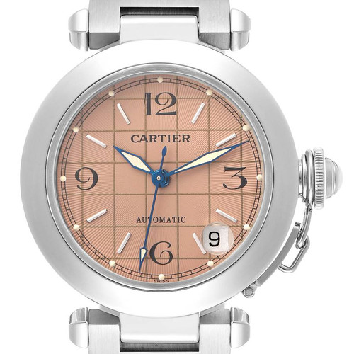 CARTIER Pasha C Midsize Salmon Grid Dial Steel Mens Watch W31024M7 Image 1