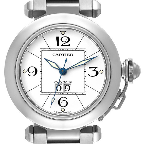 CARTIER Pasha C Big Date Midsize Steel White Dial Mens Watch W31055M7 Image 1