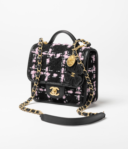 CHANEL Mini Flap Bag with Top Handle   Wool Tweed, Calfskin & Gold-Tone Metal  Black, Light Pink & White