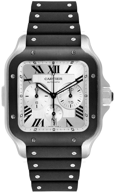 CARTIER Santos De Cartier Chronograph Silver Dial Black Rubber Men'S Watch Wssa0017 Image 1
