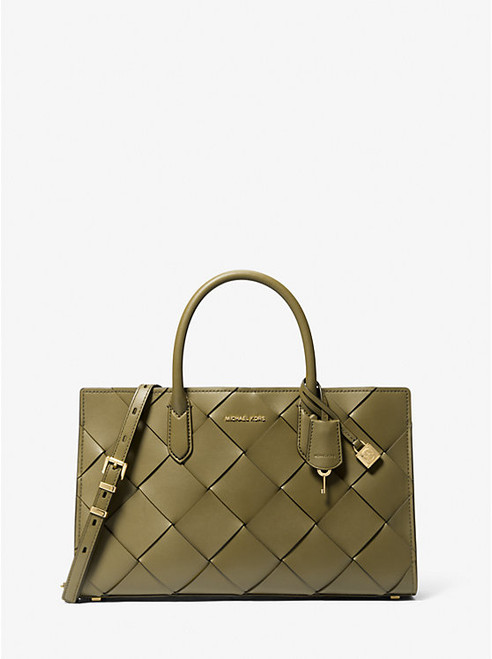 MICHAEL KORS Scarlett Medium Woven Leather Satchel SAFARI GREEN Image 1