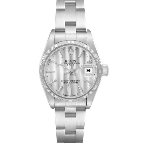 ROLEX Date Oyster Bracelet 26Mm Silver Tapestry Dial Steel Ladies Watch 69190 Image 1