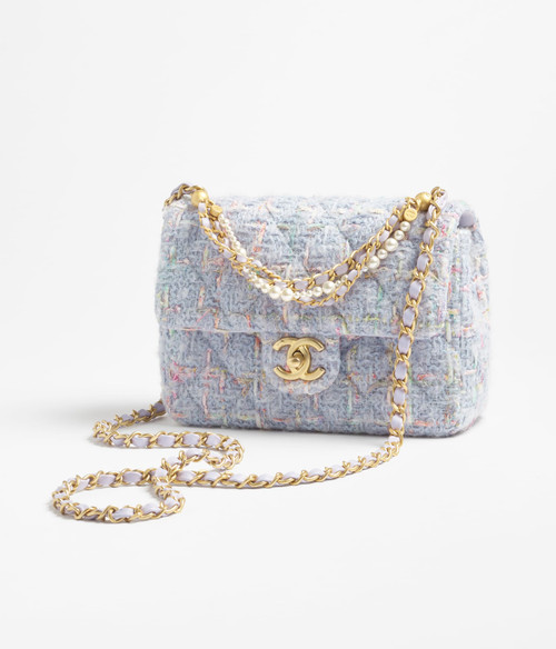 CHANEL Mini Flap Bag   Wool Tweed, Imitation Pearls & Gold-Tone Metal  Lilac & Multicolor