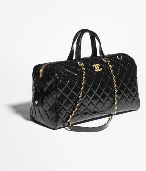 CHANEL Maxi Bowling Bag   Patent Crumpled Calfskin & Gold-Tone Metal  Black