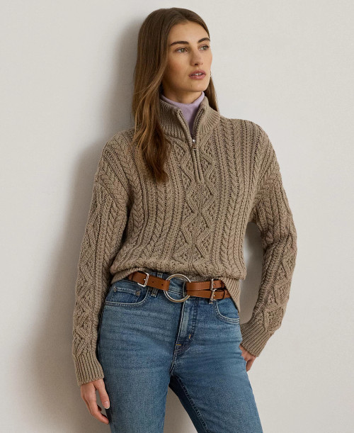 LAUREN RALPH LAUREN Women's Aran-Knit Cotton Quarter-Zip Pullover