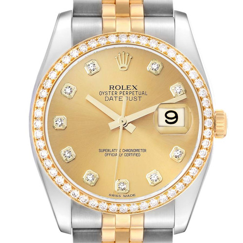 ROLEX Datejust Champagne Dial Steel Yellow Gold Diamond Mens Watch 116243 Image 1