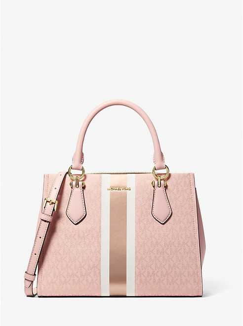MICHAEL KORS Marilyn Medium Signature Logo Stripe Satchel POWDER BLUSH Image 1