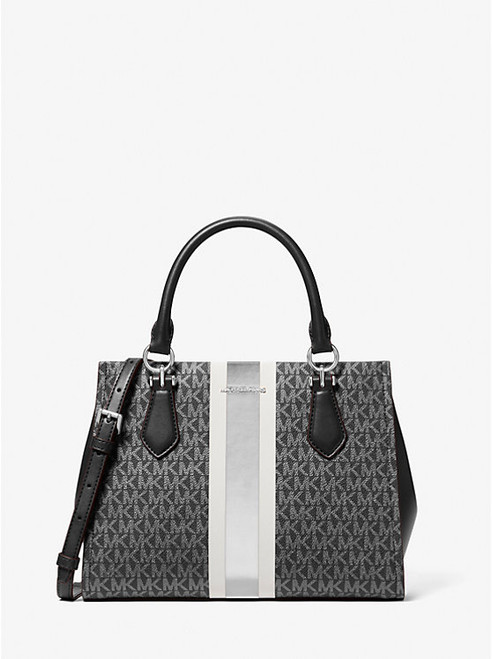 MICHAEL KORS Marilyn Medium Signature Logo Stripe Satchel BLACK Image 1