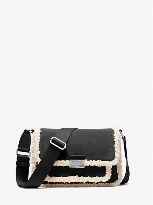 MICHAEL KORS Bradshaw Medium Suede And Faux Shearling Messenger Bag BLACK Image 1