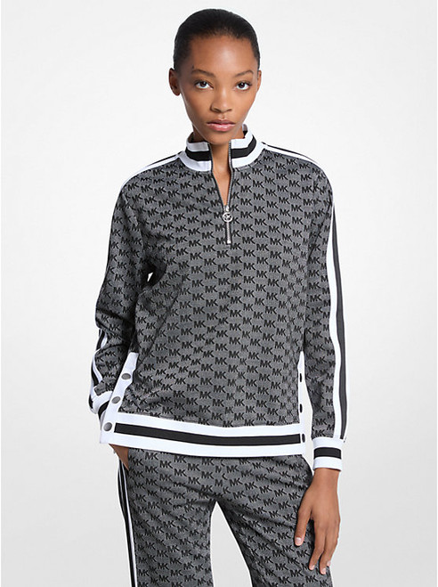 MICHAEL KORS Logo Print Metallic Stretch Knit Half-Zip Jacket BLACK/SILVER Image 1 MICHAEL KORS Logo Print Metallic Stretch Knit Half-Zip Jacket BLACK/SILVER Image 1