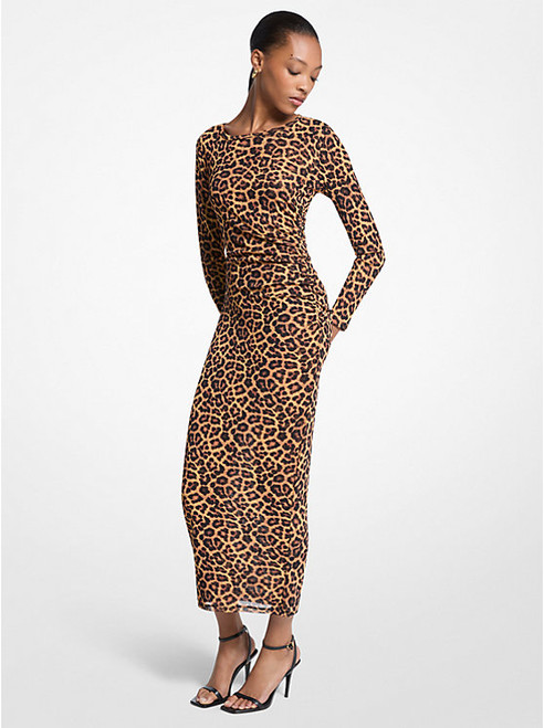 MICHAEL KORS Leopard Print Nylon Mesh Midi Dress BUTTERSCOTCH Image 1