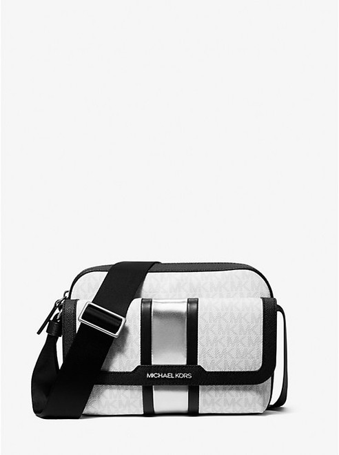 MICHAEL KORS Cooper Medium Signature Logo Stripe Camera Crossbody Bag SILVER Image 1