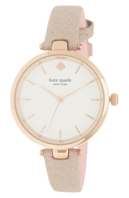 KATE SPADE holland three-hand rose gold-tone glitter leather watch, 34mm