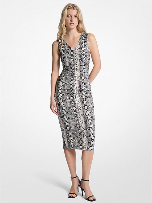 MICHAEL KORS Snake Print Stretch Matte Jersey Ruched Midi Dress BONE Image 1 MICHAEL KORS Snake Print Stretch Matte Jersey Ruched Midi Dress BONE Image 1