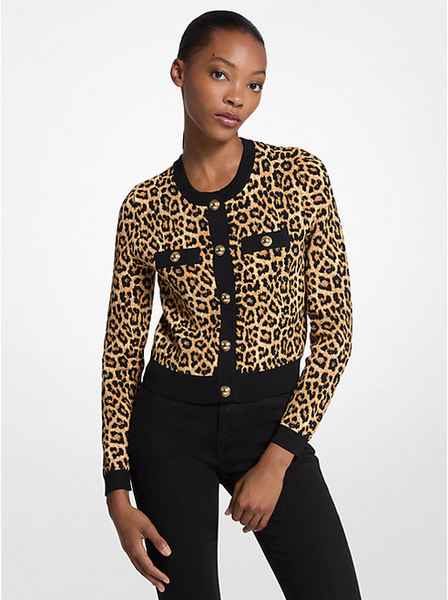MICHAEL KORS Leopard Print Stretch Viscose Cardigan PALE BUTTERSCOTCH Image 1