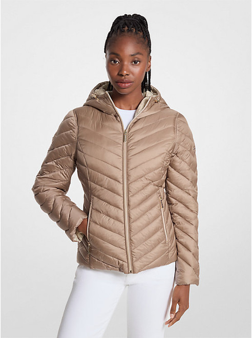 MICHAEL KORS Chevron Logo Print Quilted Nylon Reversible Jacket TAUPE/BONE LOGO Image 1