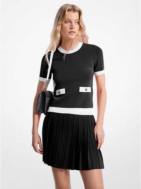 MICHAEL KORS Stretch Knit Short-Sleeve Sweater BLACK Image 1