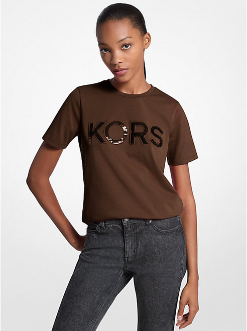 MICHAEL KORS Sequined Logo Cotton T-Shirt CHOCOLATE Image 1 MICHAEL KORS Sequined Logo Cotton T-Shirt CHOCOLATE Image 1