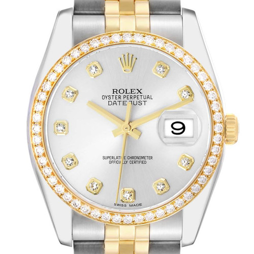 ROLEX Datejust Silver Dial Steel Yellow Gold Diamond Mens Watch 116243 Image 1